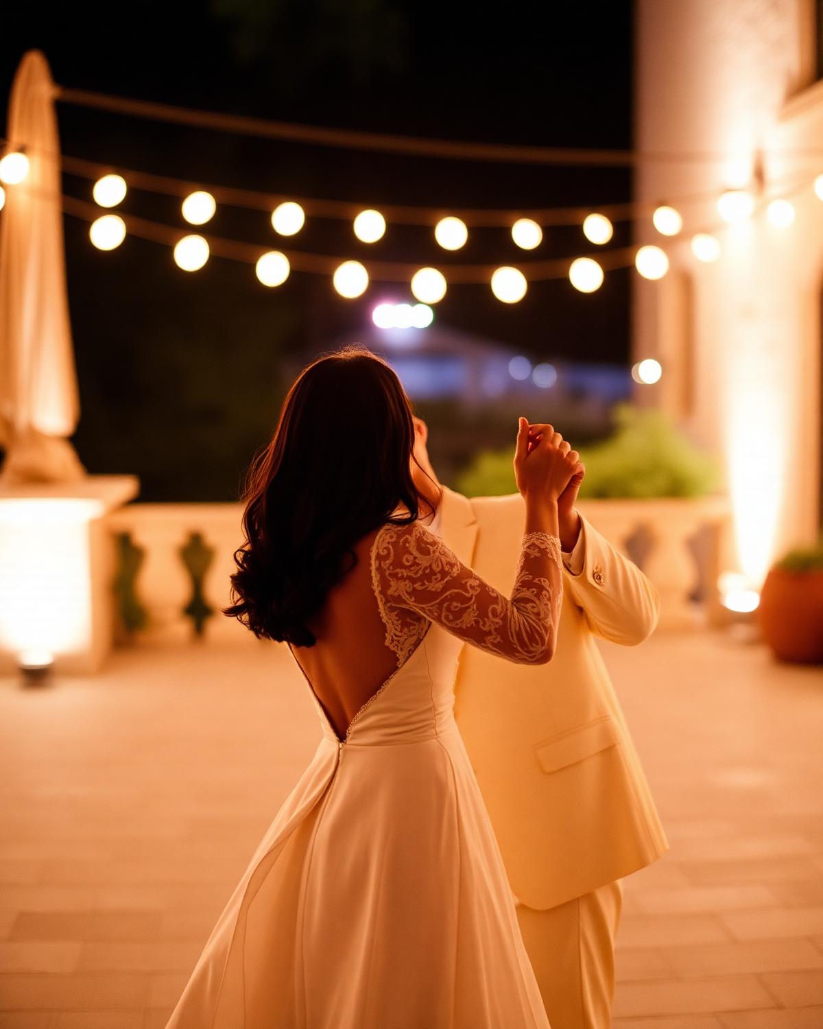 The couple dancing on the terrace under string lights