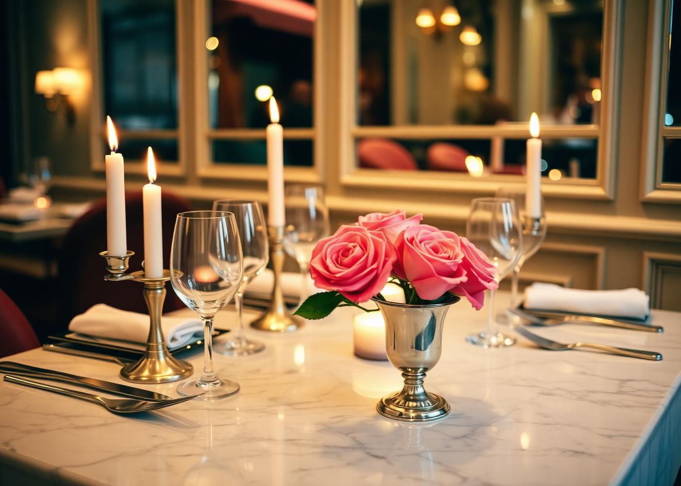 The bistro table set with candles and roses