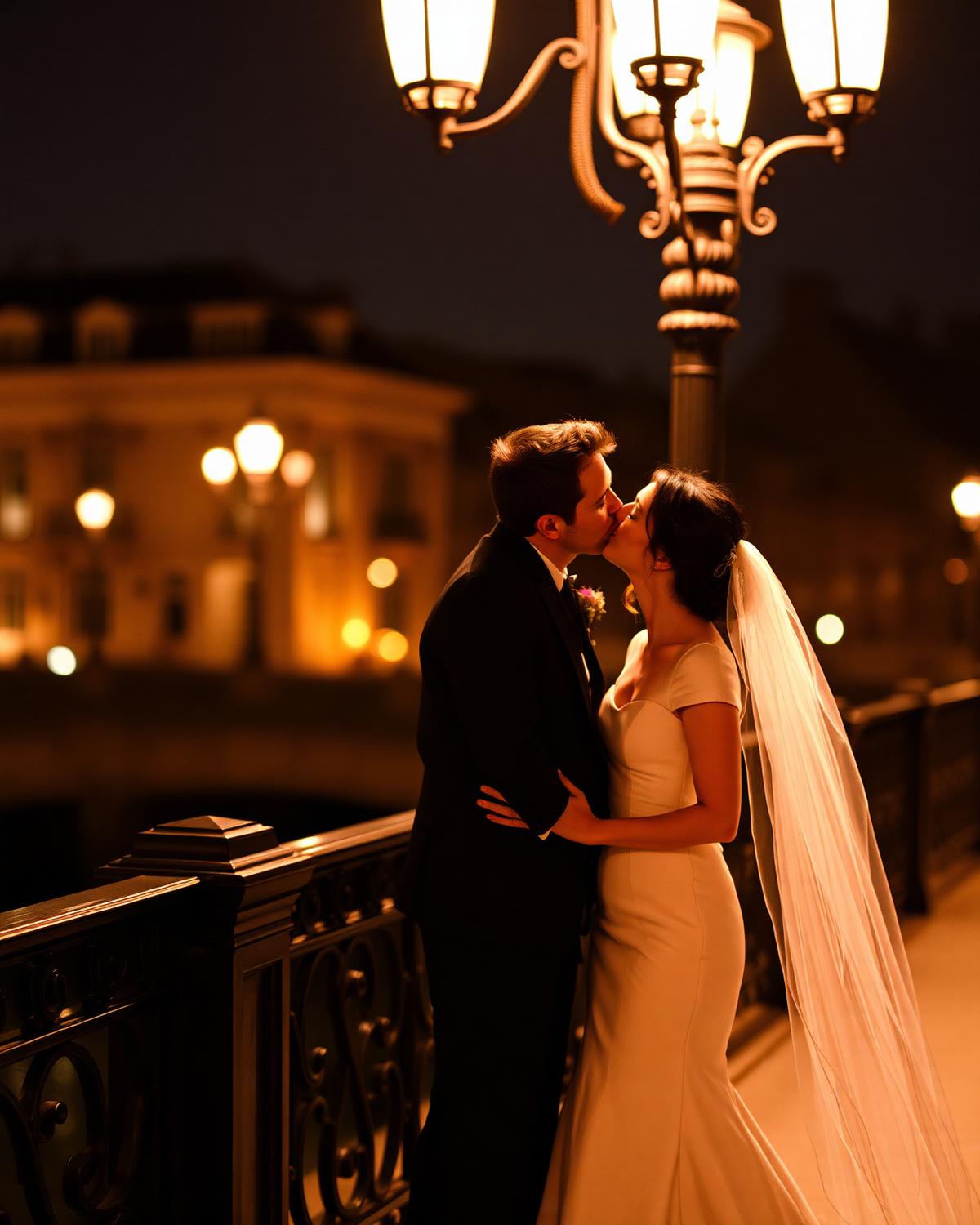 The couple on a Paris bridge at night