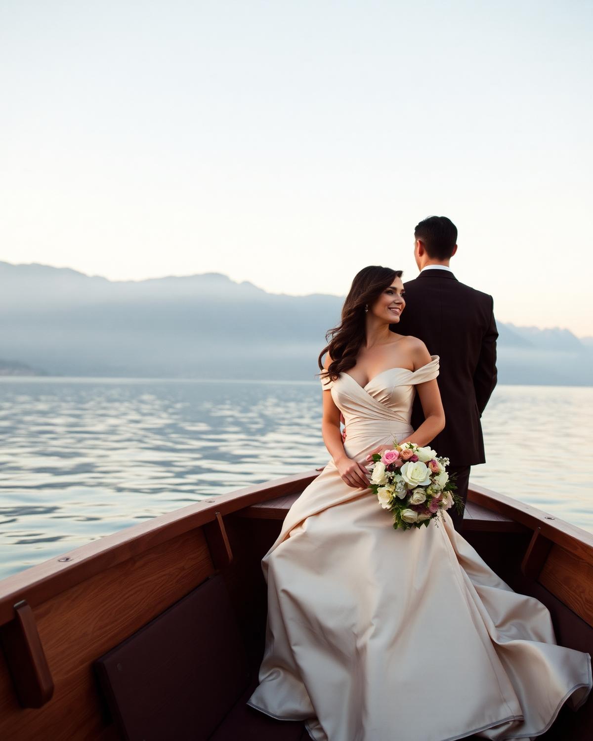 Elena and Marco on a wooden boat at dusk