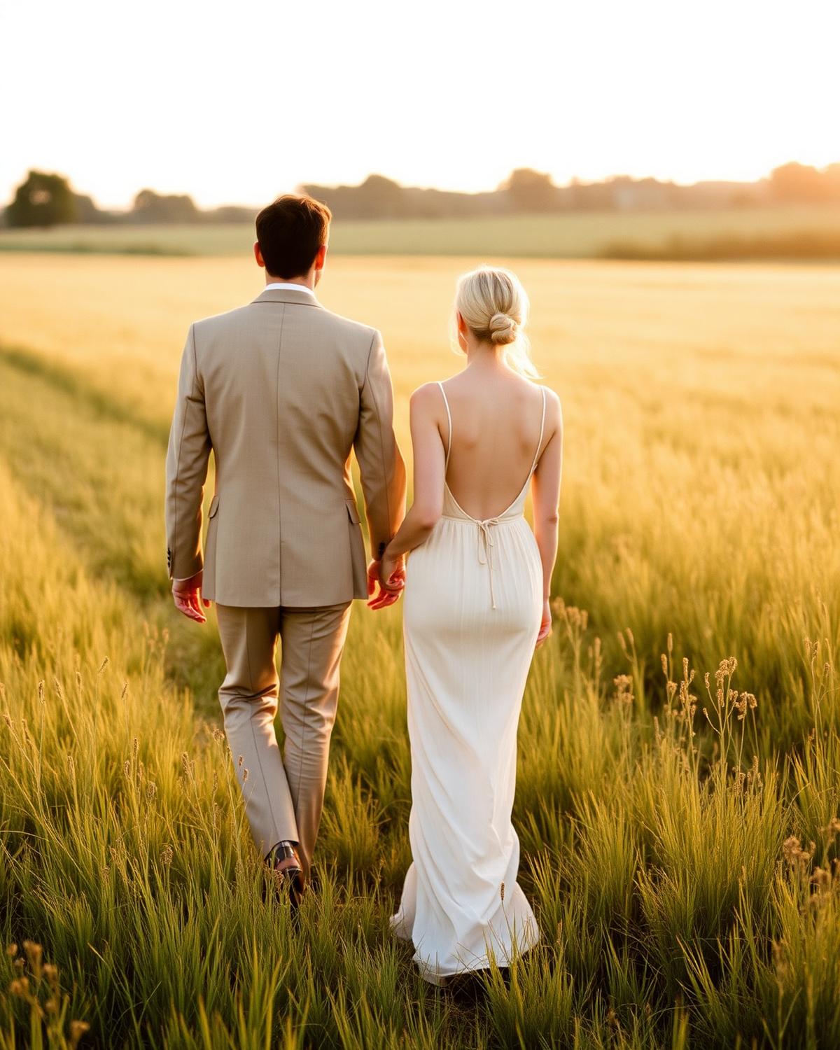 Sophie and Thomas walking through the meadow at dusk