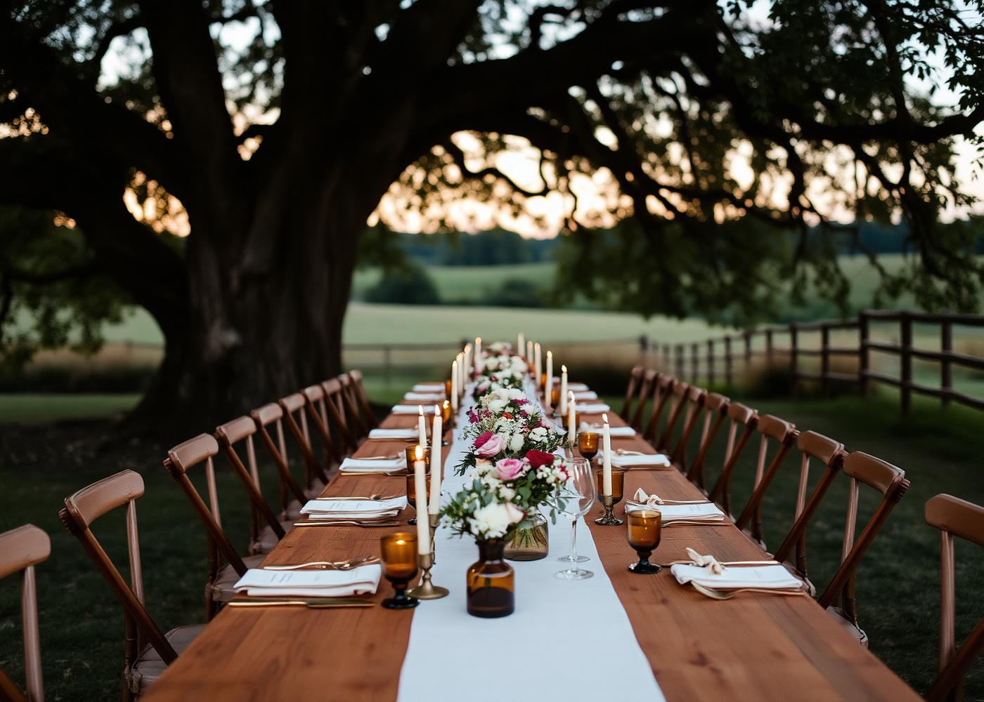 The long banquet table under the oak tree
