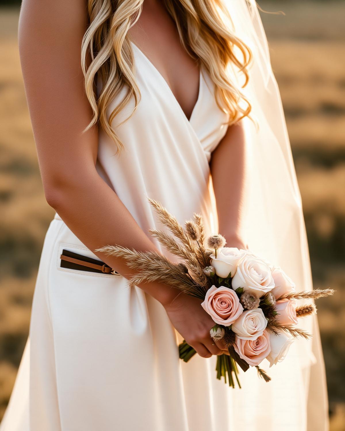 The bride's bouquet of dried grasses and pale roses