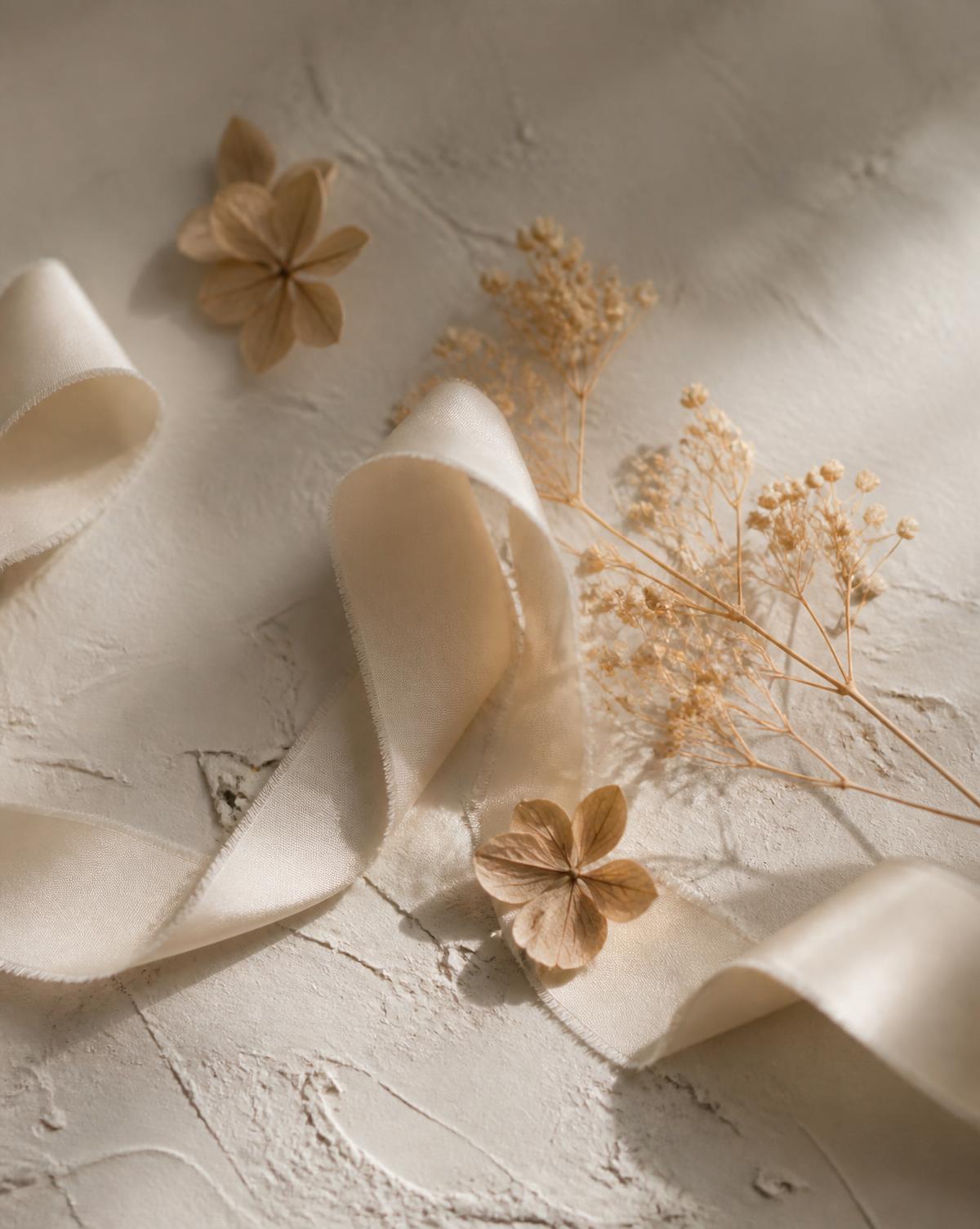 Silk ribbon and dried flowers in soft window light