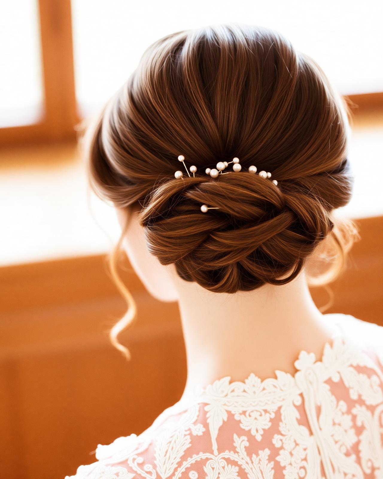 Soft bridal chignon with pearl pins