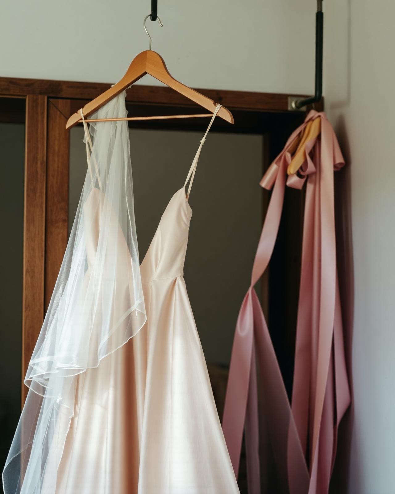 Silk gown, veil and ribbons in an atelier fitting room