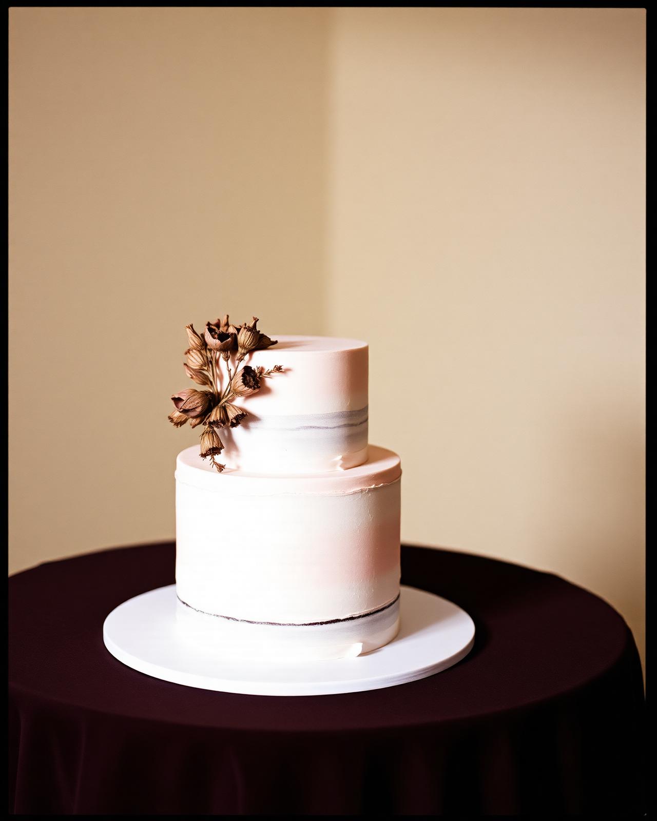 Two-tier blush wedding cake with dried flowers