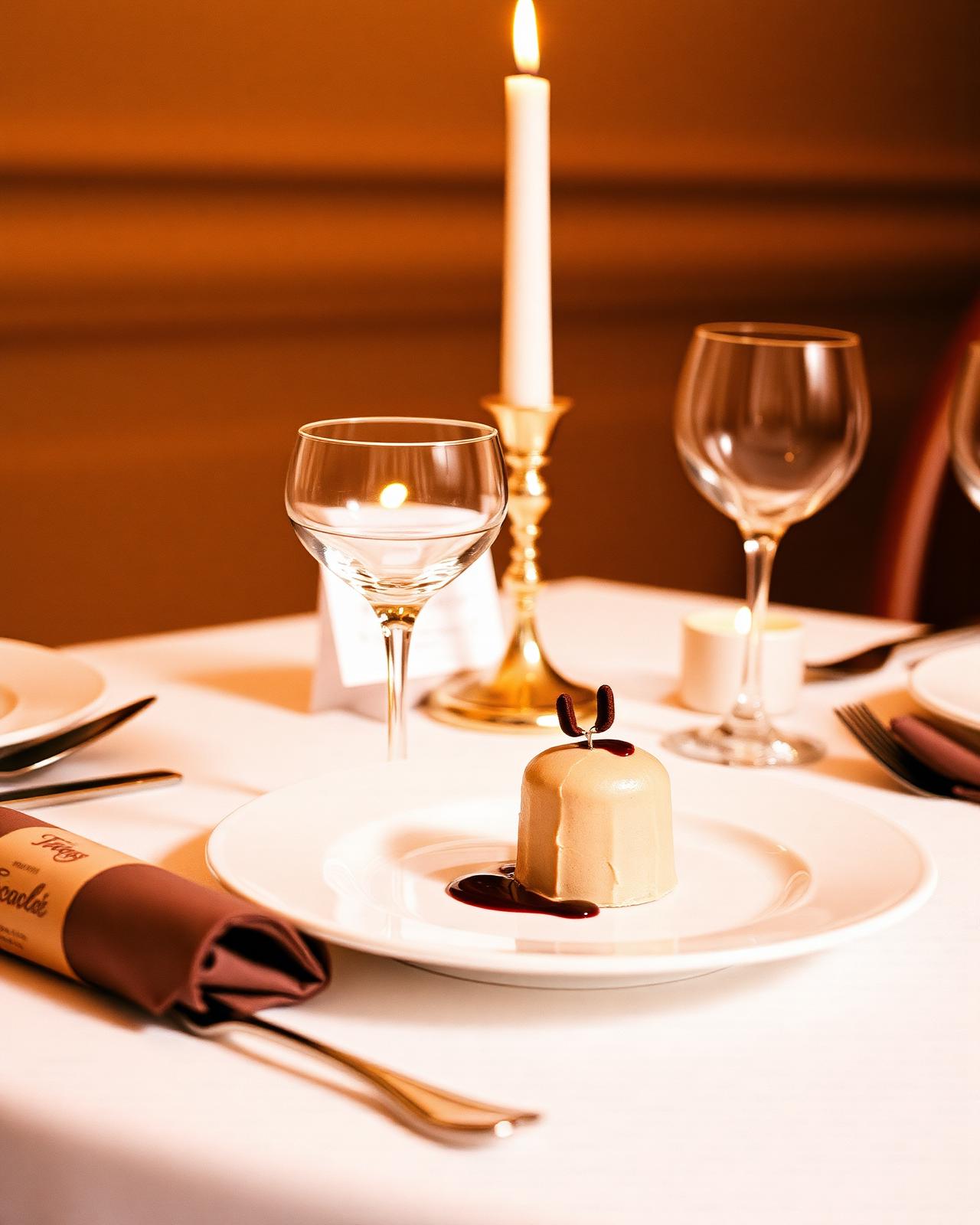 Candlelit place setting with dessert and coupe glasses