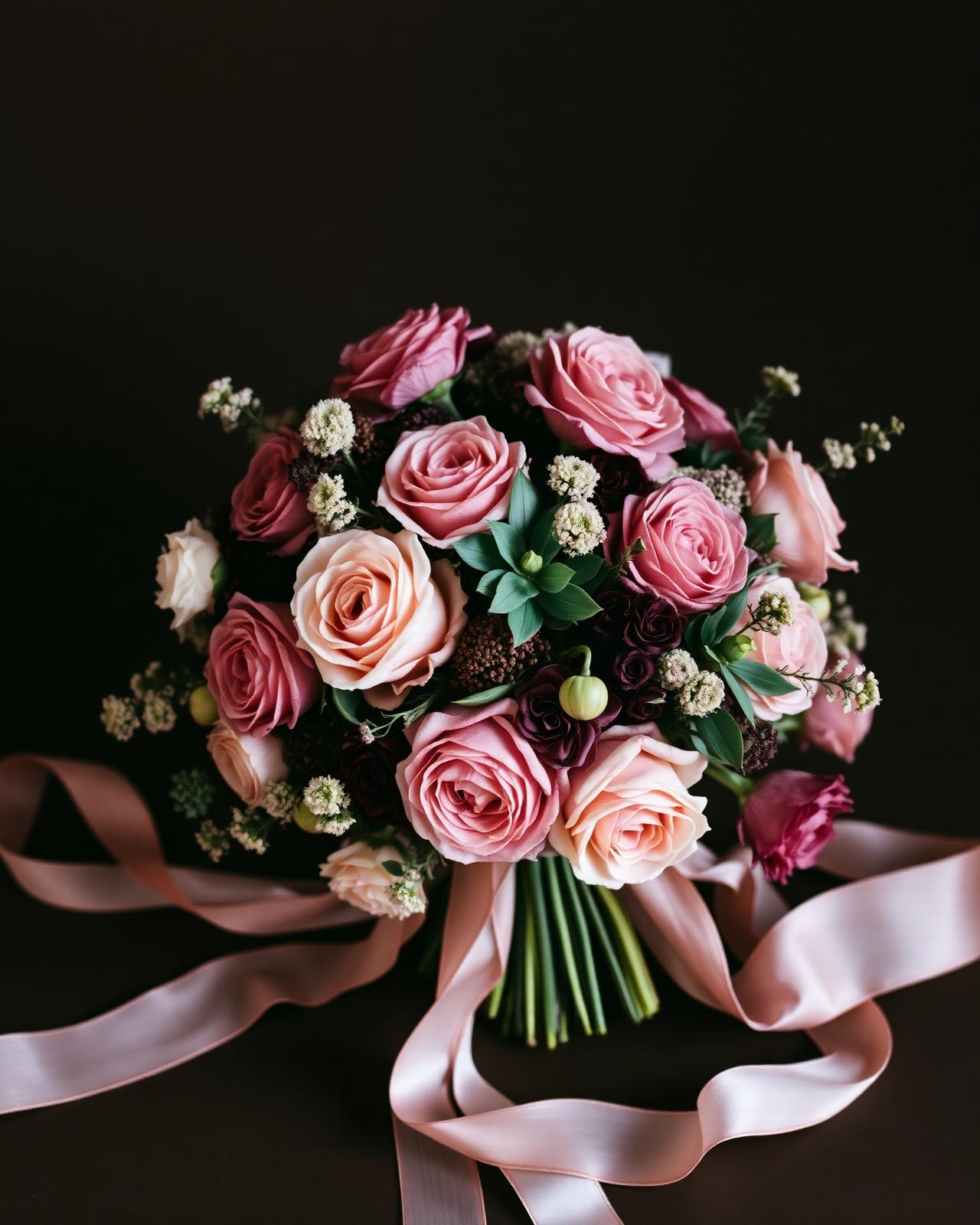 Bouquet of dusty rose garden roses with silk ribbon
