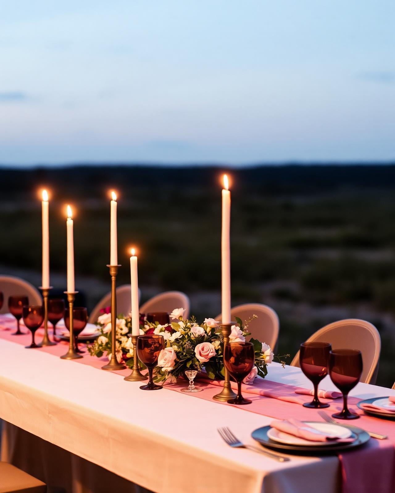 Long candlelit table with blush flower runners at dusk