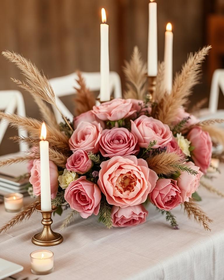 Dusty rose peonies on a linen table