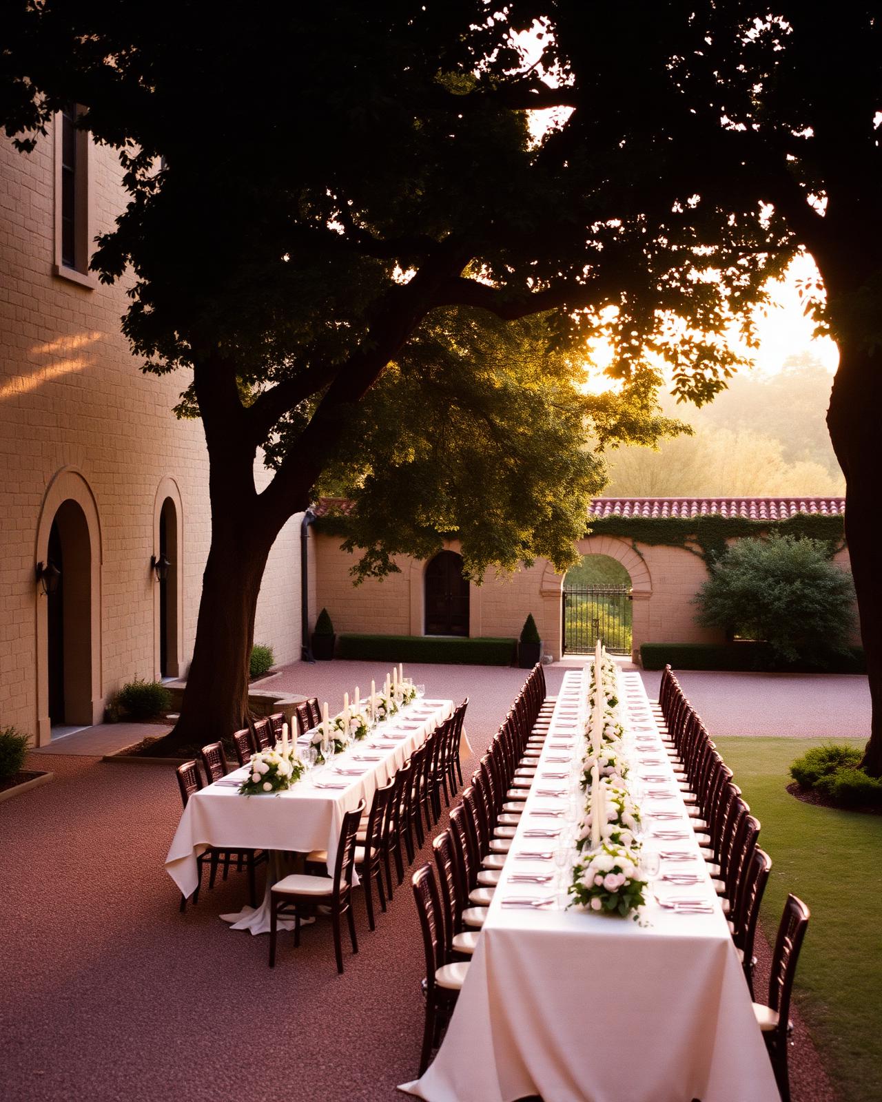 Estate courtyard laid for dinner at golden hour