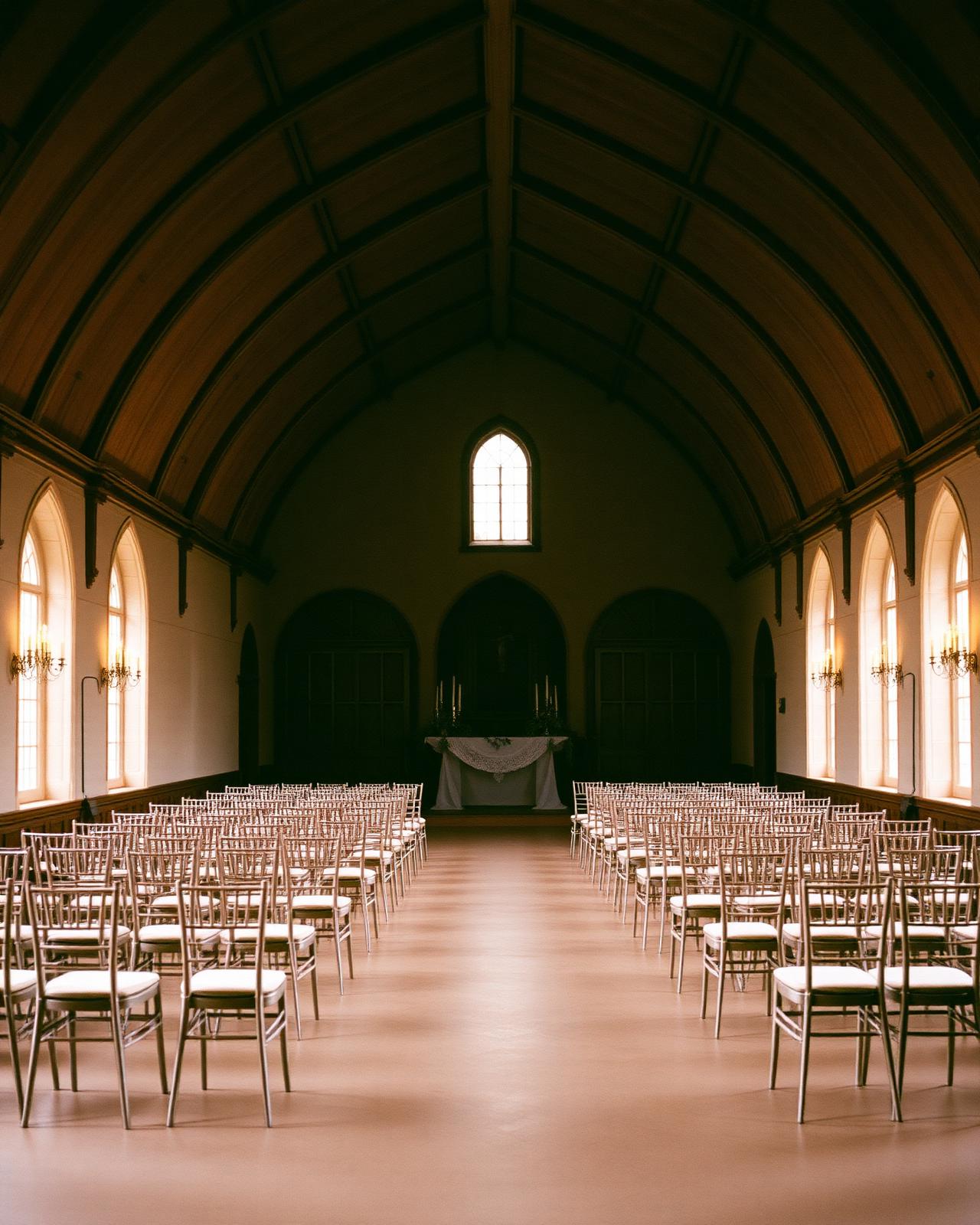 Candlelit chapel prepared for a ceremony